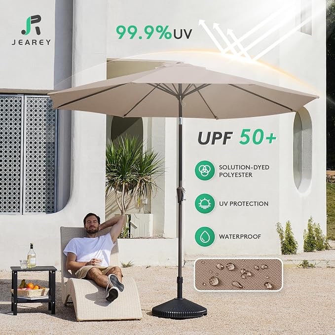 JEAREY 10 ft Outdoor Patio Umbrella w/Tilt and Crank, Tan | 8 Sturdy Ribs - Image 3