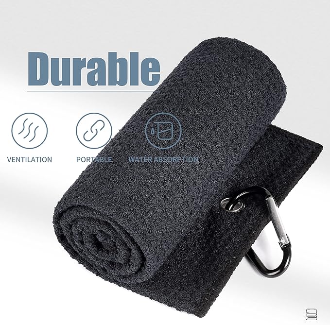 Mile High Life Tri-fold Golf Towel | 16" X 24" | Premium Microfiber Fabric | Waffle Pattern | with Heavy Duty Carabiner Clip | for Men and Women (Black & Navy)