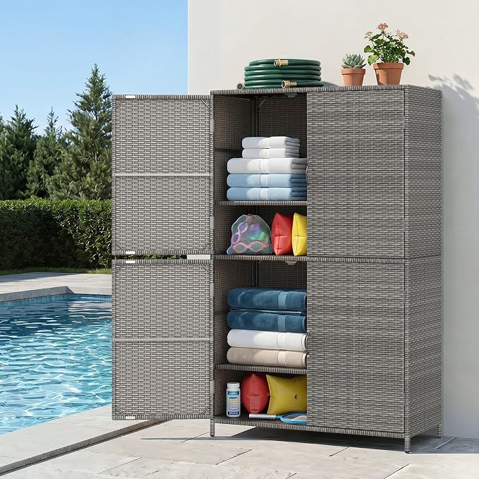 Tangkula Rattan Outdoor Storage Cabinet, Patiojoy Outdoor Cabinet - Image 8