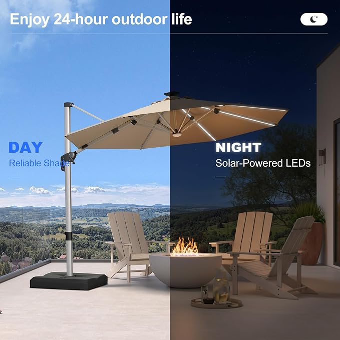 PURPLE LEAF Cantilever Patio Umbrella 10ft Round Solar LED Light, Support to - Image 3
