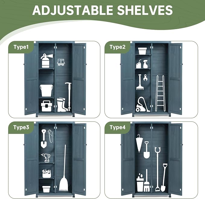 Outdoor Storage Shed with Floor & Adjustable Shelves, Wooden Garden Tool - Image 5