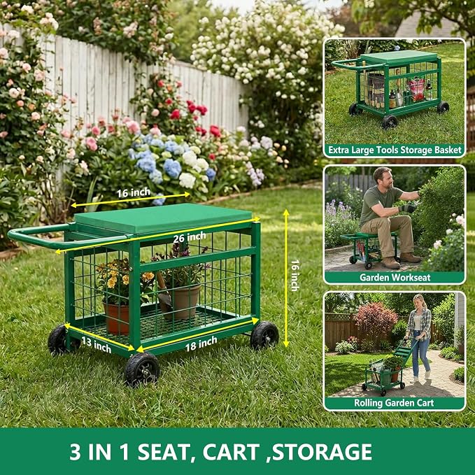 Garden Seat with Wheels, Rolling Garden Stool Heavy Duty Gardening Cart with - Image 3