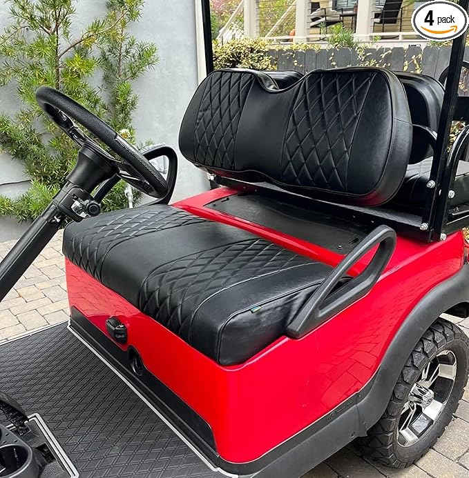 Huskey 4PCS Golf Cart Front/Rear Seat Covers for Club Car Precedent 2004+ G&E Models Custom Two-Tone Black Diamond Stitching with Black Piping,Marine Grade Vinyl Material,Staple On Design