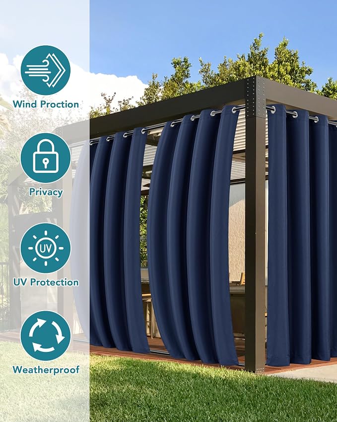 Windproof Outdoor Curtains for Patio Waterproof 4 Pcs 54x84 In Navy | Grommet - Image 3