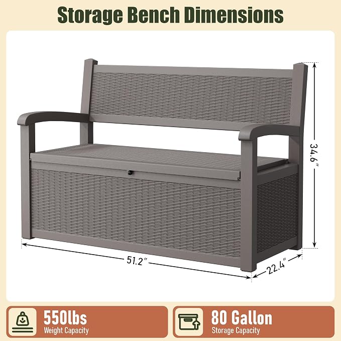 80 Gallon Outdoor Storage Bench, Resin Outdoor Storage Box - Image 2