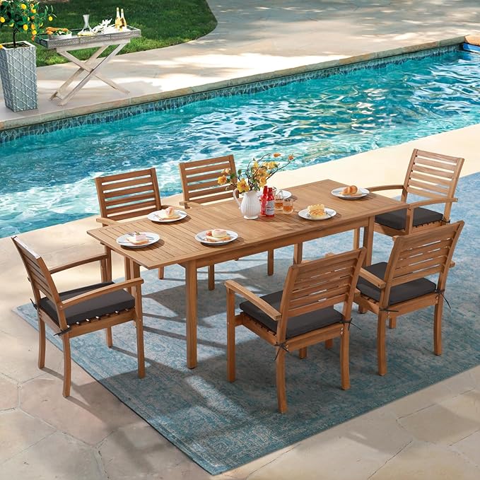 Stackable Patio Dining Chairs Set of 4, Dark Grey | Outdoor Acacia Wood Chairs - Image 4