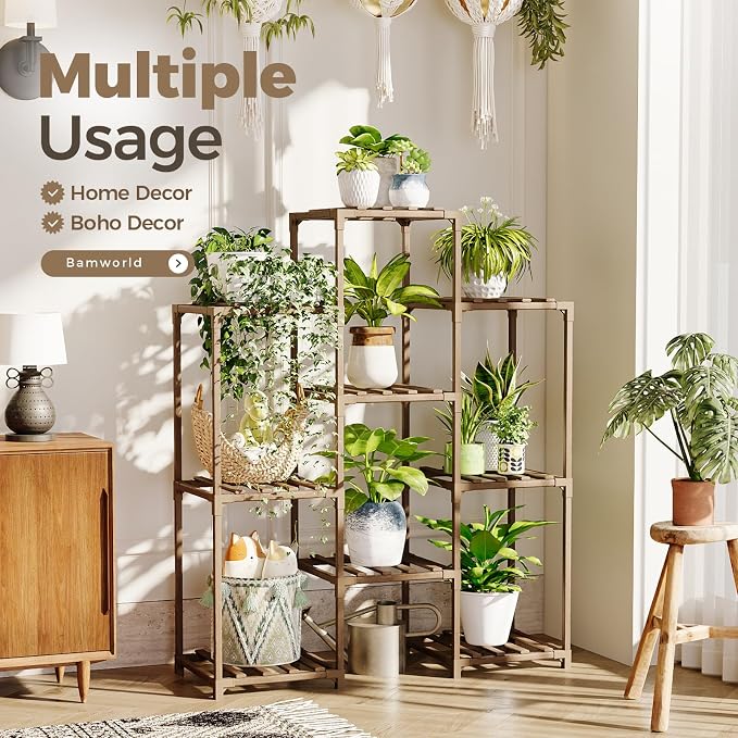 Bamworld Plant Stand Indoor Plants Shelf Outdoor Wood Plant Rack | - Image 4