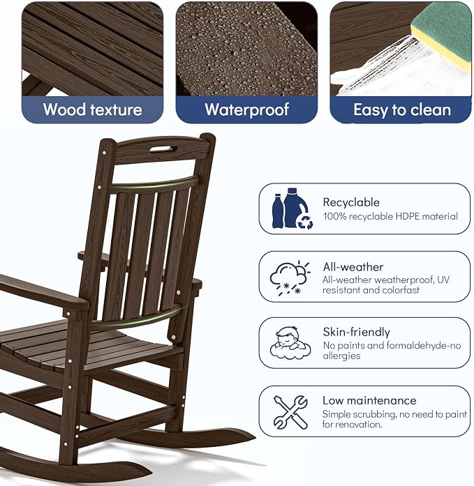 Oversized HDPE Outdoor Rocking Chair Set of 2, All-Weather, Coffee | Heavy Duty - Image 6
