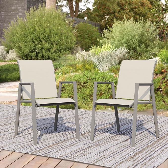 Outdoor Patio Chairs Set of 2, Ivory Beige Stackable Outdoor Chairs, by Home