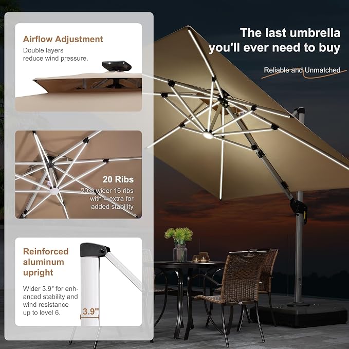 PURPLE LEAF Cantilever Umbrella 11'X11' Double Top Solar LED Light, Support to - Image 3
