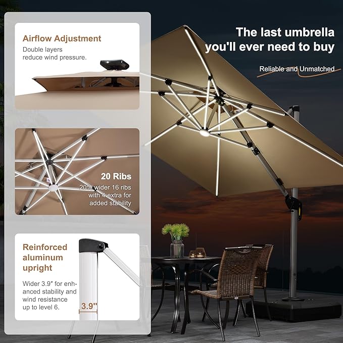 PURPLE LEAF Cantilever Umbrella 12'X12' Double Top Solar LED Light, Support to - Image 3