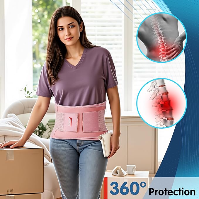 FEATOL Back Brace for Lower Back Pain, Breathable Back Support Belt for Women & Men with Lumbar Pad, Lumbar Support Belt for Heavy Lifting & Work, Pink, 3XL (Circumference:54-63")