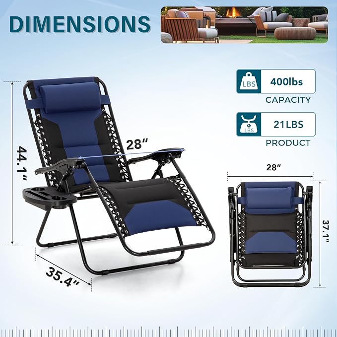 MFSTUDIO Padded Zero Gravity Chair, Cup Holder, 28in Seat, Removable Cup Holder - Image 3