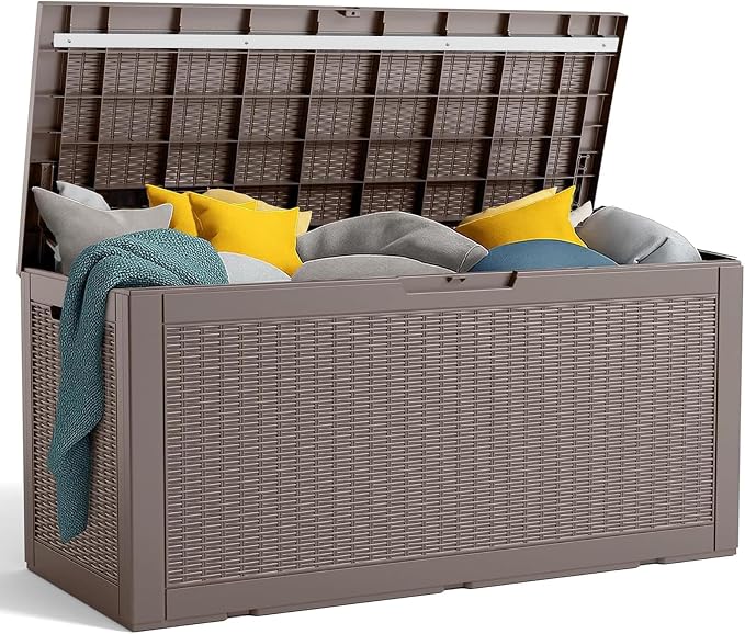 PatioZen 120 Gallon Resin Deck Box, Lockable Patio Outdoor Storage Box by OutdoorLivingPerfected