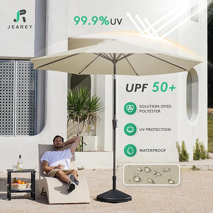 JEAREY 9FT Outdoor Patio Umbrella, Market Umbrella, Tan | Outdoor Table - Image 2
