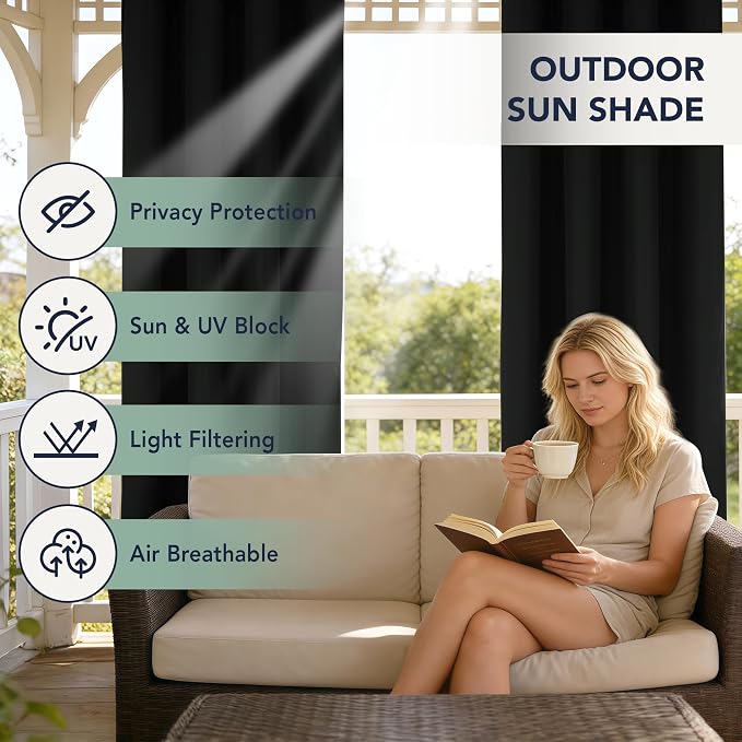 Black Outdoor Curtains for Patio Waterproof, 8 Drape Panels | Privacy & - Image 3