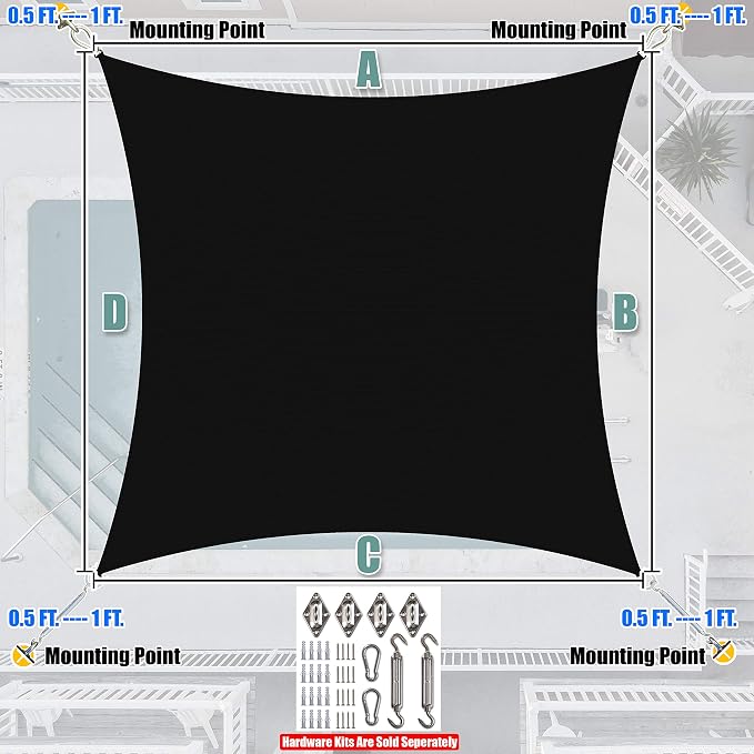 Amgo Custom Size 7' x 17' Black Rectangle Square Sun Shade Sail UPF50+ - Image 7