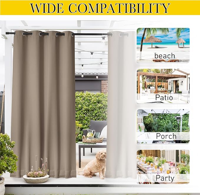 NICETOWN 2 PCs Outdoor Curtains Waterproof Fixed Bottom W52xL84 Soft Brown | - Image 7