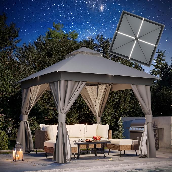10'x10' Outdoor Gazebo with LED Lights, Metal Heavy Duty Patio Canopy Tent with by LAUSAINTHOME