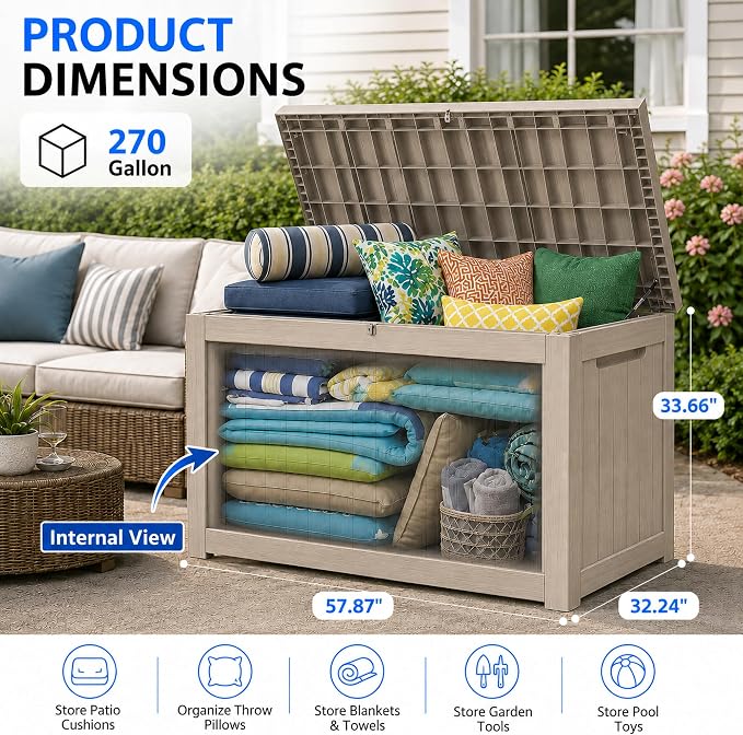 270 Gallon Outdoor Storage Box Resin Deck Box All Weather Waterproof Large - Image 2