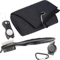 Mile High Life Microfiber Waffle Pattern Golf Towel | Club Groove Cleaner Brush | Foldable Divot Tool with Magnetic Ball Marker (Black Towel/Brush/Fish Divot)
