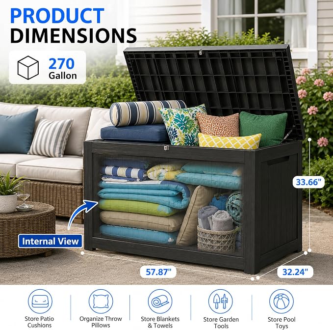 270 Gallon Outdoor Storage Box Resin Deck Box All Weather Waterproof Large - Image 2