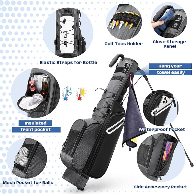 Golf Stand Bag Fit Up to 7 Clubs, Compact Design for Par 3 Courses and Driving Range, Lightweight Pitch and Putt Golf Bag, with Padded Double Strap, Rain Cover, Accessory Pockets