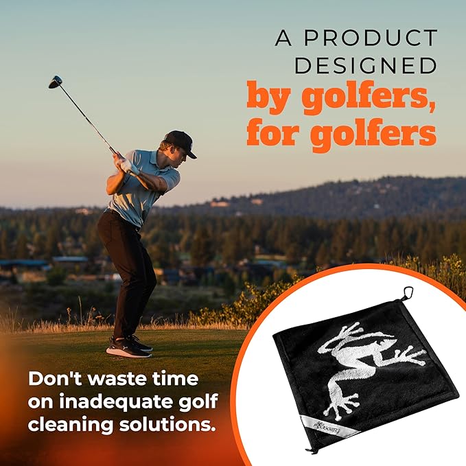 Frogger Amphibian 2-in-1 Golf Towel with Wet and Dry Technology, Black/Grey, Premium Golf Bag Accessory with Carabiner Clip, Ultra Absorbent, for Golf Dads