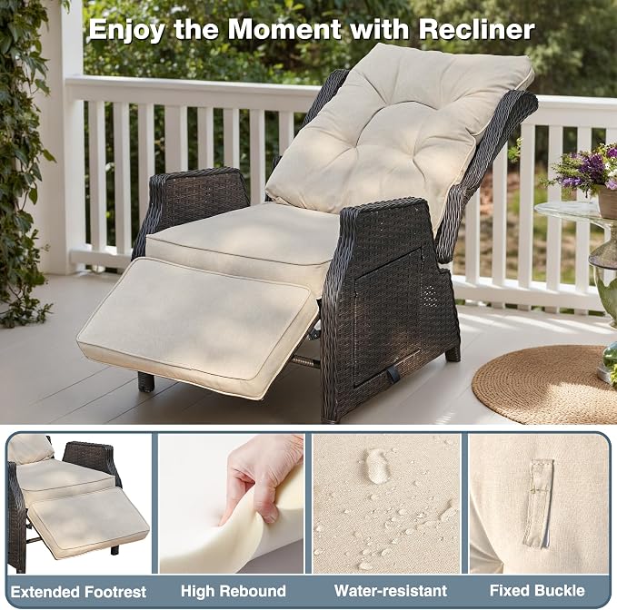 Outdoor Recliner with Adjustable Backrest and Footrest, PE Rattan Lounge Chair - Image 4