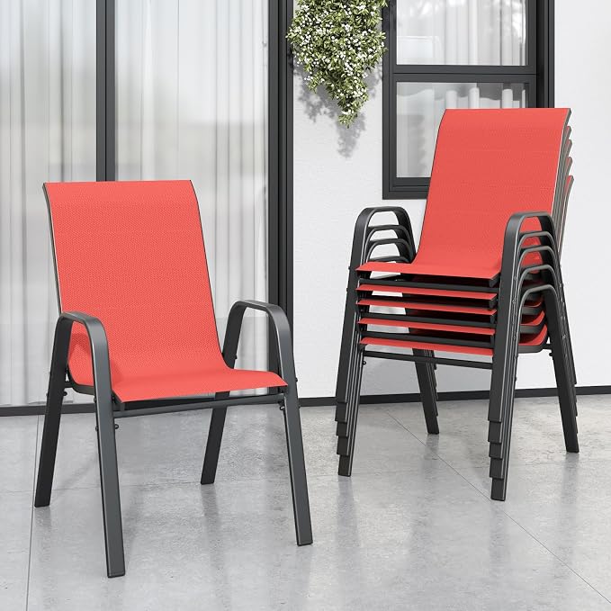 Red Patio Chairs Set of 6, Stackable Outdoor Dining Chairs by Vimstora