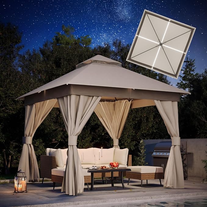 10'x10' Outdoor Gazebo with LED Lights, Metal Heavy Duty Patio Canopy Tent with by LAUSAINTHOME