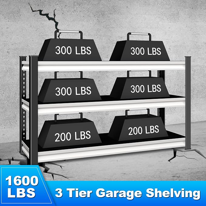 3-Tier Garage Shelving Heavy Duty, 1600lbs Load Capacity Utility Rack Shelves & - Image 4