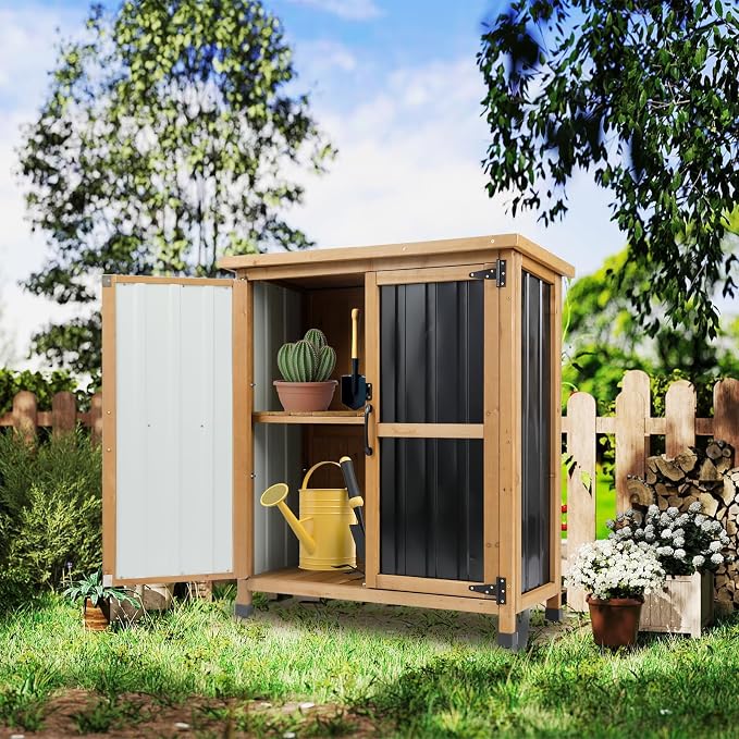 Ketive Outdoor Storage Cabinet, Wood & Metal Small Garden Tool Storage Cabinet - Image 9
