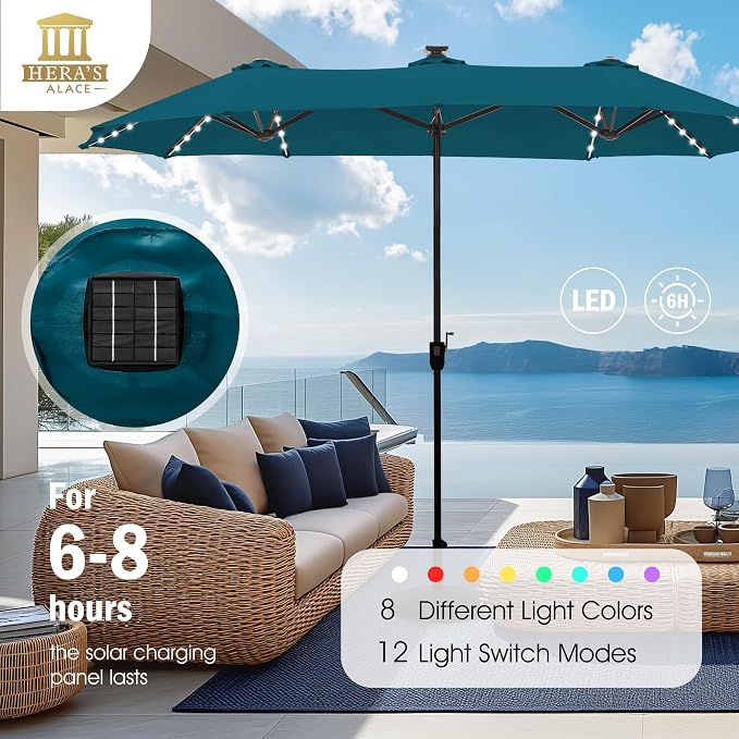 13 ft Patio Umbrella with 120 LED Solar Lights Outdoor Umbrella, Cerulean | - Image 2
