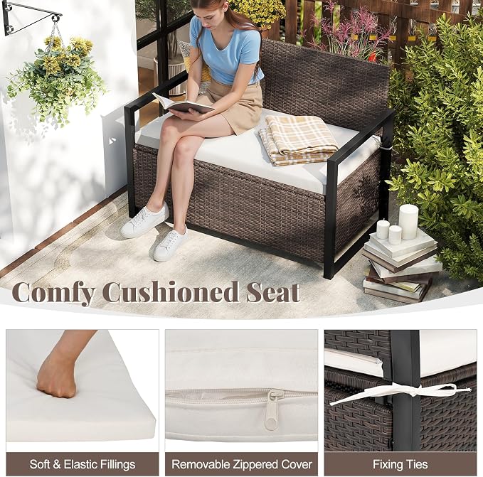 RELAX4LIFE Wicker Rattan Outdoor Storage Loveseat Bench Mix Brown Off White | - Image 5