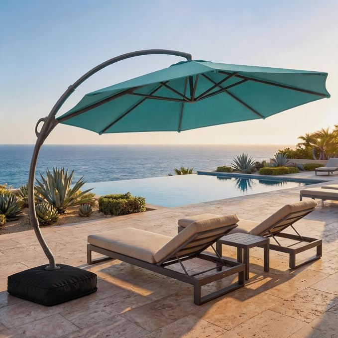Outdoor Patio Umbrella with Base, 12 FT Deluxe Curvy Cantilever Umbrella Heavy by LAUSAINTHOME
