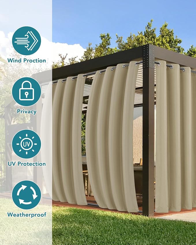 Windproof Outdoor Curtains for Patio Waterproof 4 Pcs 54x84 In Taupe | Grommet - Image 3