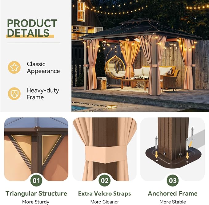 Aoxun 12'x10' Gazebo with Polycarbonate Double Roof, Light Brown | Metal Frame - Image 4