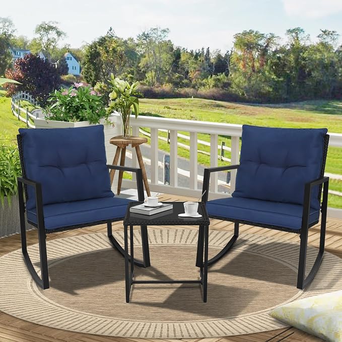 SUNCROWN 3 Piece Outdoor Rocking Bistro Set Black Wicker Furniture Porch Chairs - Image 6