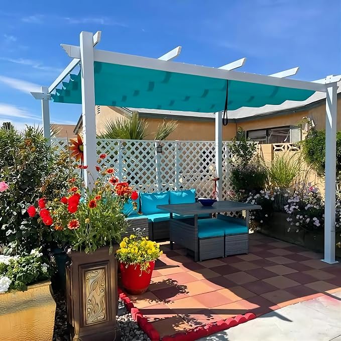 PURPLE LEAF Pergola 10' x 12' Aluminum Frame Retractable, Turquoise Blue | by PURPLELEAF