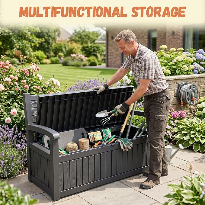 110 Gallon Outdoor Storage Bench, Lockable Patio Storage Bench, - Image 2