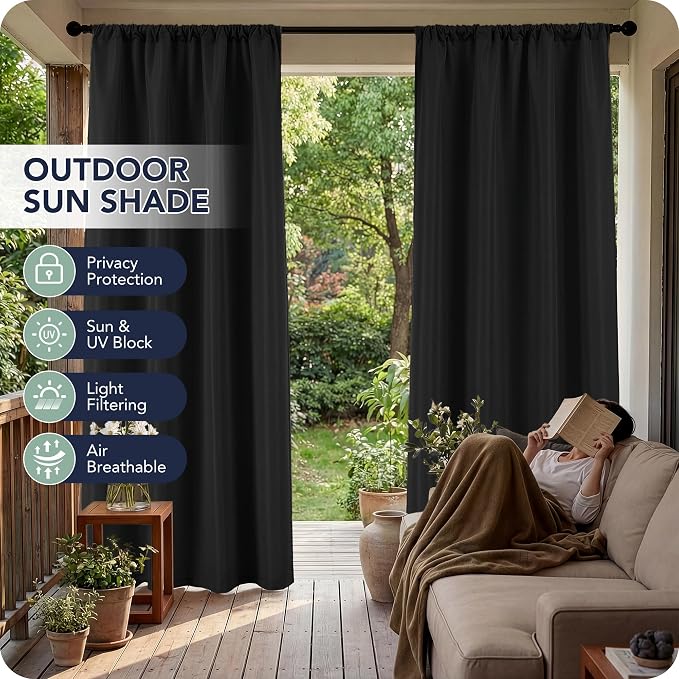 Black Outdoor Curtains for Patio Waterproof, 8 Panels, Rod Pocket | - Image 3