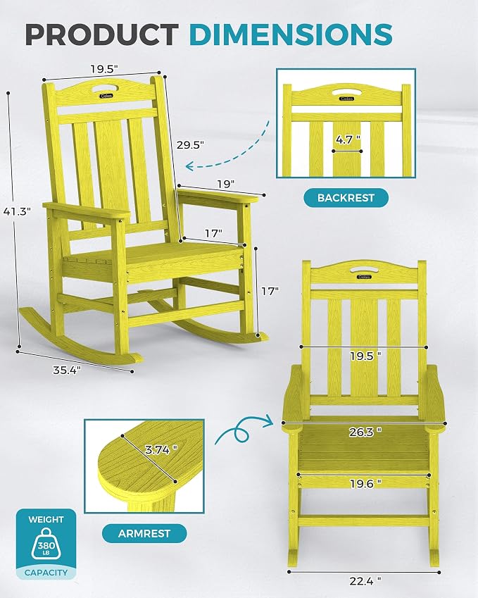 Oversized Outdoor Rocking Chairs Set of 3, 380lbs Heavy-Duty Large Patio Rocker - Image 3