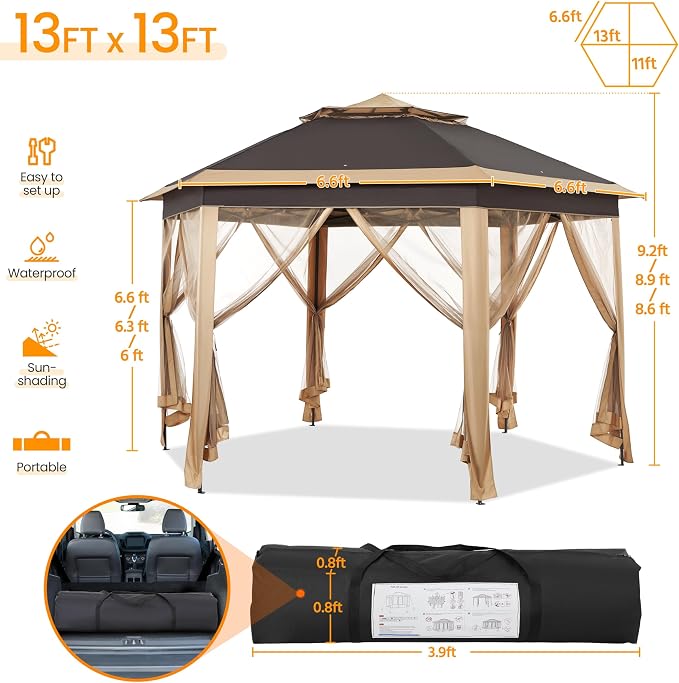 Yaheetech 13x13 Pop Up Gazebo Double-Tier w/Mesh Netting Patio Canopy Brown | - Image 3