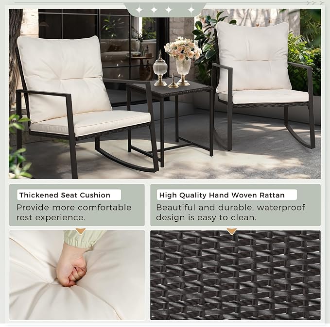 SUNCROWN 3 Piece Outdoor Rocking Bistro Set Black Wicker Furniture Porch Chairs - Image 8