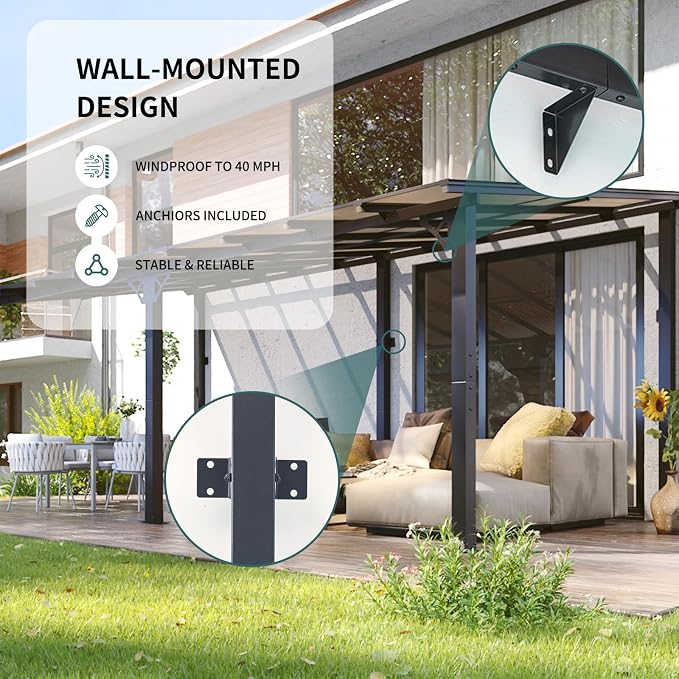 10x20FT Lean to Gazebo Pergola Patio Outdoor Pergolas Gazebos | Wall Mount - Image 9