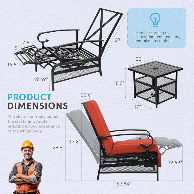 Incbruce 2 Pieces Outdoor Lounge Recliner Set, Adjustable Metal Recliner Sofa - Image 3