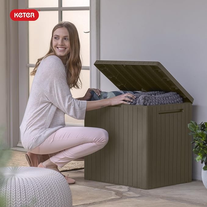 Keter City 30 Gal Outdoor Storage Box and Patio Side Table | Taupe, Weatherproof - Image 10