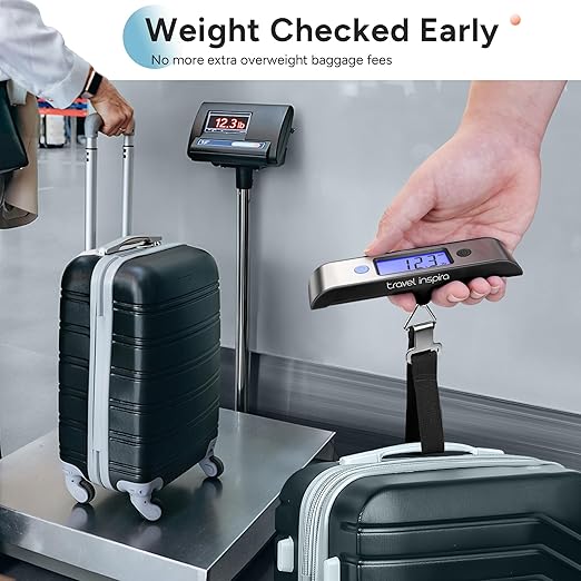 travel inspira Rechargeable Luggage Scale 110lb/50kg - Large Backlit Display - Stainless Steel - Portable Digital Hanging Scale for Suitcases, Bags, Packages (USB -C Charging Included)