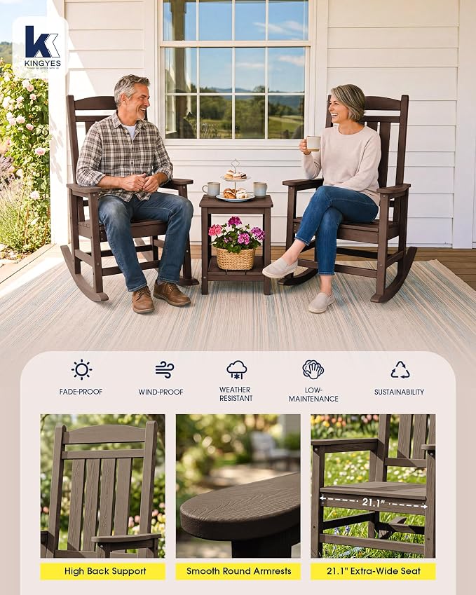 Oversized Outdoor Rocking Chair Set of 2, HDPE Porch Rocker, Coffee | - Image 6
